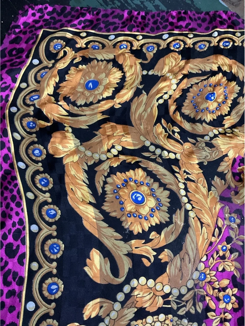 Elegant 100% Silk Purple Leopard Print and Gold Patterned Scarf